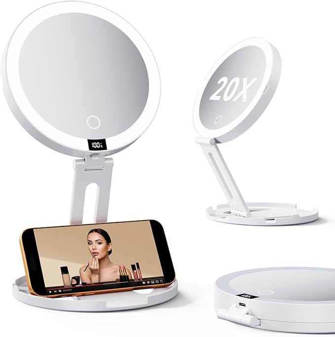 Travel Makeup Mirror with Lights (Gen 3) - 20X/1X Dual Sided Magnifying Mirror with Digital Power Display - Rechargeable, 3 Color Dimmable, CRI 95+ - Portable Folding Mirror for Desk & Travel