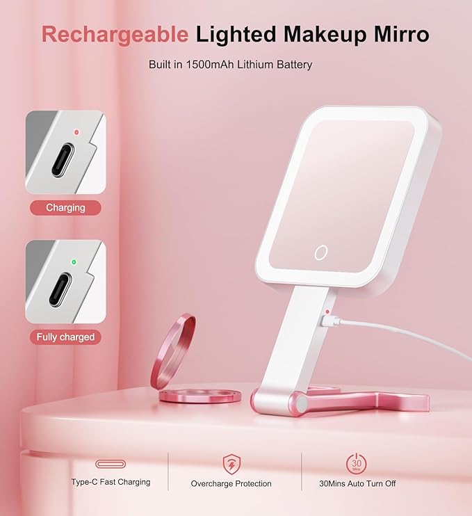 Travel Makeup Mirror with Lights 10X/1X Double-Sided Magnifying LED Beauty Mirror Rechargeable Portable Vanity Mirror with 3 Color Lighting Smart Touch Dimming Desktop Handheld Hanging (Pink)