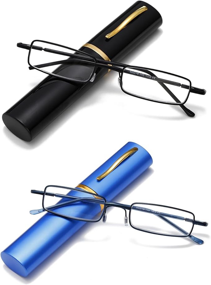 Viseng Slim Mini Metal Reading Glasses Compact Lightweight Portable Readers with Glasses Case for Reading Case,Black+Blue+3.5