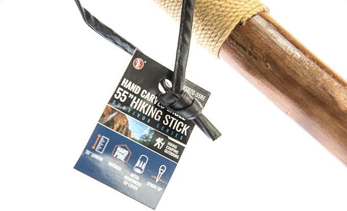 SE Survivor Series Wooden Walking/Hiking Stick, Hand-Carved Eagle Design, Hard Pine Wood, Rope Wrapped for Steady Grip, Wrist Strap, 55" - WS626-55RE