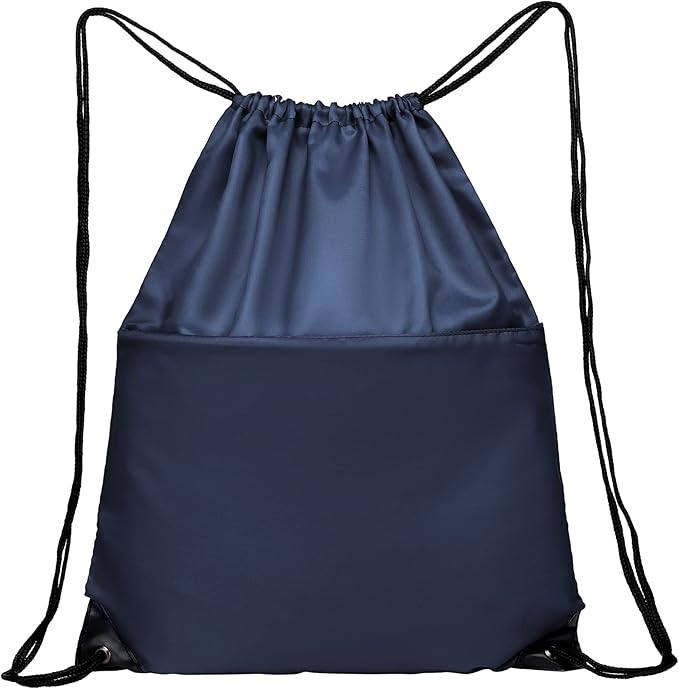 Drawstring Backpack Sports Water Resistant String Bag Sport Gym Sackpack for Women Men Large with Zipper, Navy