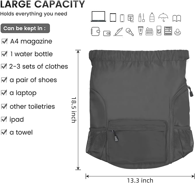 Valleycomfy Waterproof Drawstring Gym Backpack Bag for Men & Women,Sports Gym Bag with Side Pocket Dark Grey