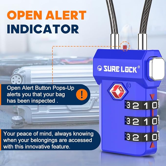 SURE LOCK TSA Approved Luggage Locks with Open Alert Indicator, 3 Digit Combination Cable Travel Lock for Suitcase, Backpack, Gym Locker, Toolbox, Carry On & Travel Bag