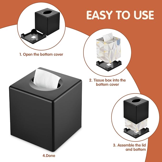 Y-in Hand Tissue Box Cover, Decorative Square Facial Storage Tissue Box Holder, Home Accessories for Bathroom Vanity Countertops, Dressers, Night Stand, Parlors and Office (Black)