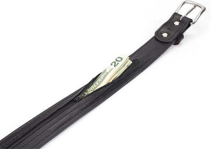 Hidden Money Pocket Travel Leather Belt (Size 48, Black)