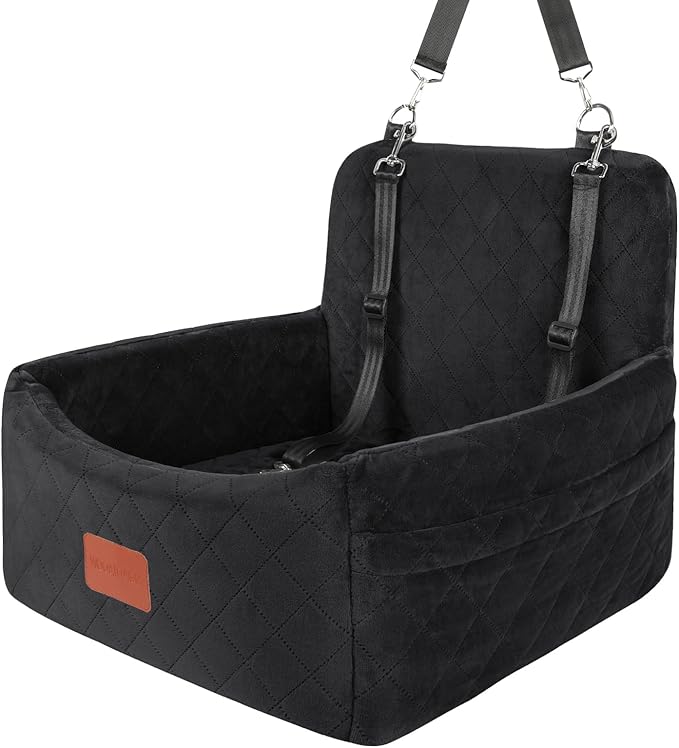 WOOAIDAGG Dog Car Seat for Small Dogs Under 30lbs, Washable Pet Travel Car Bed with Memory Foam,Fully Detachable Cover,2 Storage Pockets & Safety Leash,Non-Slip Bottom(Black)