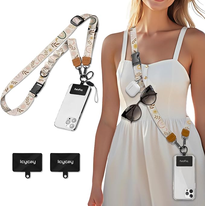 Icycay Phone Lanyard Crossbody, Boho Rainbow Cell Phone Strap for Around The Neck Adjustable, Leaf Sun Moon Teacher Anti Theft Cute Lanyard for ID Holder Keys Accessories Travel Essential