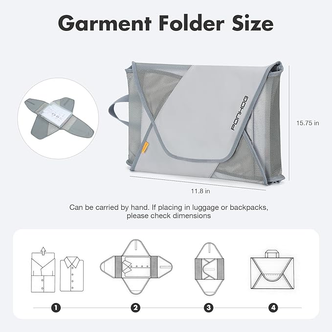Ponhog Garment Folder 2 PCS - Original Garment Packing Folder Premium Travel Garment Bag Foldable Clothes Shirt Bags Luggage Accessory with Wrinkle-Free Folding Board and Compression Wings Grey
