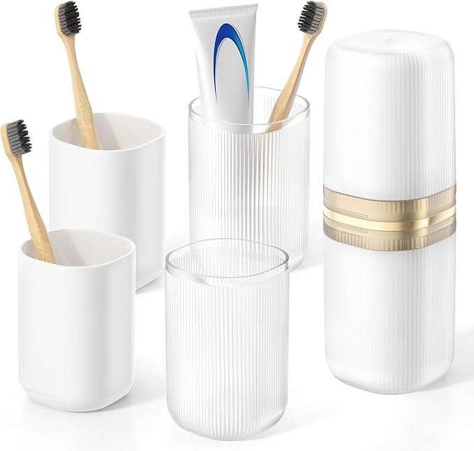 Quatish 4-in-1 Toothbrush Travel Case, Portable Toothbrush Holder with 4 Rinse Cups, Large-Capacity Storage for Toothbrush & Toothpaste, Ideal for Travel, Home, Camping, Gym, Business Trip (White)