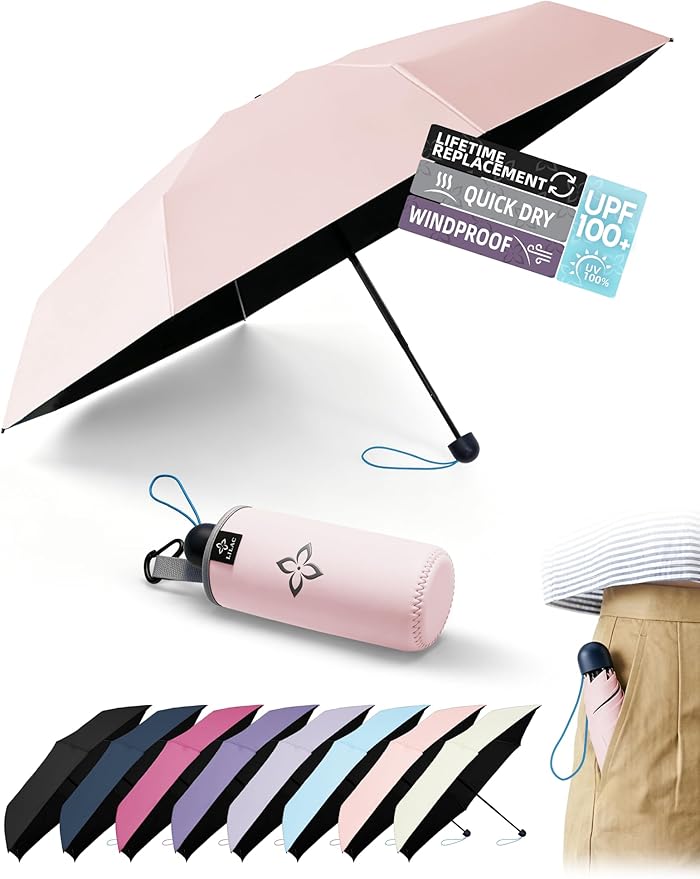 Travel Mini Umbrella Compact Small & Lightweight, UV Rain Protection, Pocket-Sized Folding Umbrellas with Quickdraw & Case for Men Women & Kids Backpack