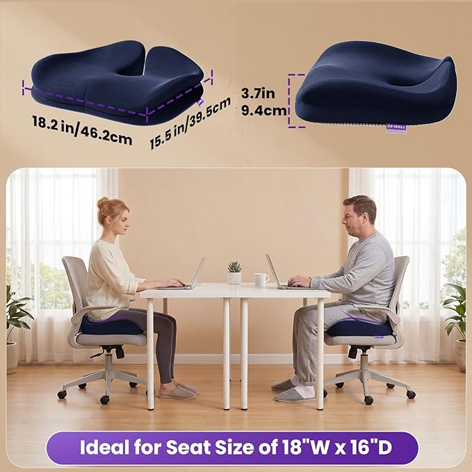 ZZ-WELL Seat Cushions for Office Chairs, Patented Pressure Relief Coccyx Cushion for Tailbone Pain, Memory Foam Butt Pillows for Wheelchair Car Sitting, Carrying Handle, Non-Slip (Navy Blue, Large)