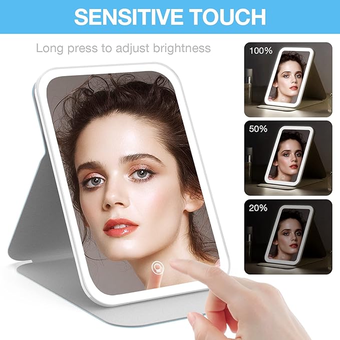 Kintion Travel Makeup Mirror, Portable LED Lighted Makeup Mirror, 360° Rotation Touch Screen Vanity Mirror, 60 LEDs, 3-Color Dimmable Lighting, Rechargeable Tabletop Folding Cosmetic Mirror, Blue