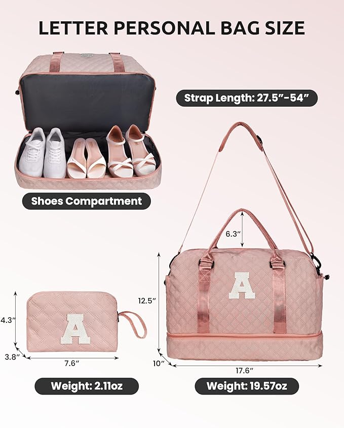 Gifts for Daughter-Gifts for Teens-Girls Initial Duffle Bag with Shoe Compartment, Kids Weekender Bags, Monogram Overnight Bag, Travel Bags with Makeup Pouch，Sister Gifts (Letter M)