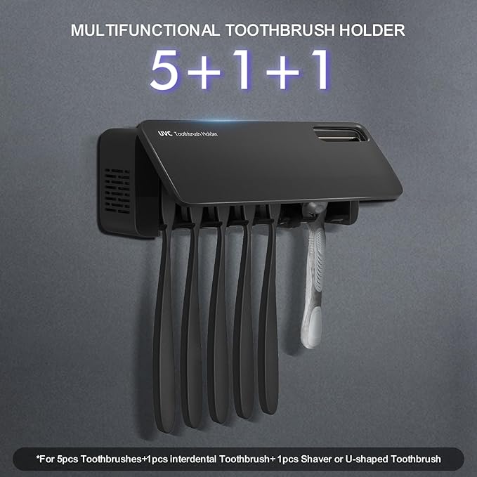 UV Toothbrush Sanitizer Holder for Bathrooms,Mold & Odor Removal & Timer Function Smart Home Bathroom Accessories, 5+1+1 Slots Rechargeable Cordless Wall Mounted Tooth Brush Holder (Black)