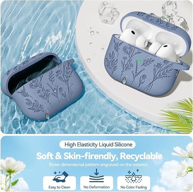 Ekoonpft for Airpods Pro 3 Case, Flower Engraved Cases for Apple AirPods Pro 3rd Generation 2025, Soft Silicone Cover for Men Women Girly with Cleaning Kit & Keychain, Anti-Scratch, Shockproof