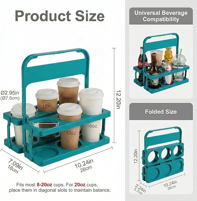 6 Cup Drink Carrier for Delivery - Foldable Drink Holder with Handle, Reusable Cup Carrier for Drinks, Portable Beverage Caddy Accessories for Parties, Camping, Car, Coffee & Bottles (Teal)
