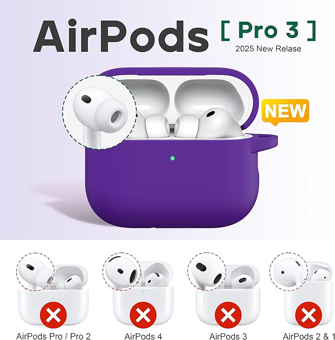 R-fun for AirPods Pro 3 Case (2025), Soft Silicone Protective Case Cover Compatible with Apple AirPods Pro 3rd Generation (USB-C Cable) for Women Men with Cleaning Kit and Keychain, Purple