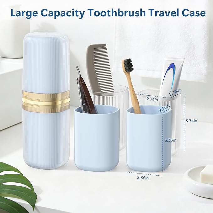 Quatish 4-in-1 Toothbrush Travel Case, Portable Toothbrush Holder with 4 Rinse Cups, Large-Capacity Storage for Toothbrush & Toothpaste, Ideal for Travel, Home, Camping, Gym, Business Trip (Blue)