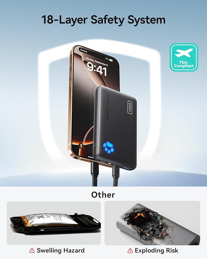 INIU 45W Fast Charging Portable Charger, 40% Smaller 10000mAh with Detachable Cable, Flight-Safe Travel Power Bank, USB C External Phone Battery Pack for Business, School, Dorm, College Student, Blue