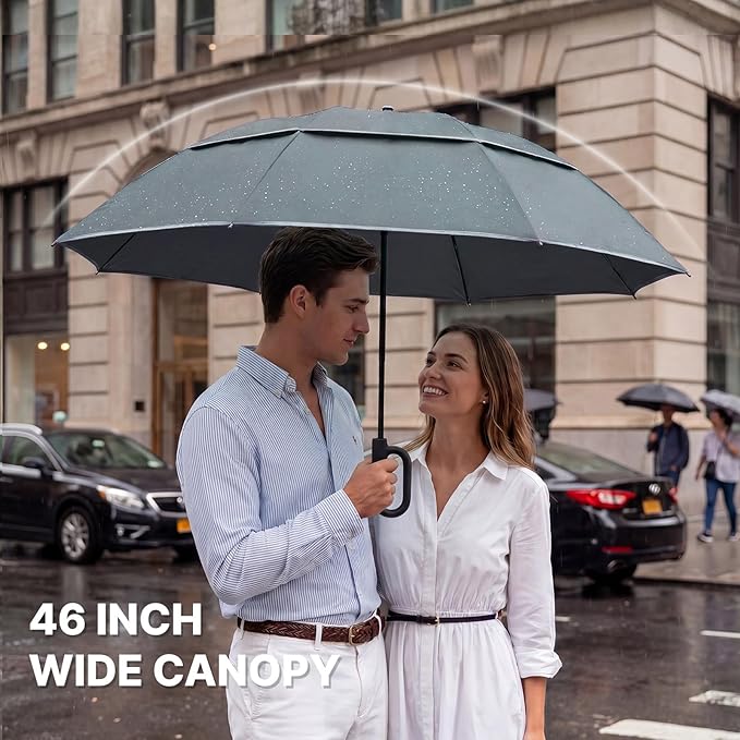 G4Free 46inch Ring Buckle Umbrella, Inverted Design with Carabiner Handle, Compact Travel Umbrella with Reflective Strip, Automatic Windproof for Rain