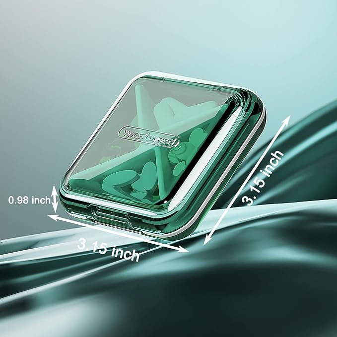 DUBSTAR Small Pill Box for Purse, Moisture Waterproof Travel Pill Case with 4 Compartments, Daily Pill Organizer for Vitamins & Medication (T-Green)