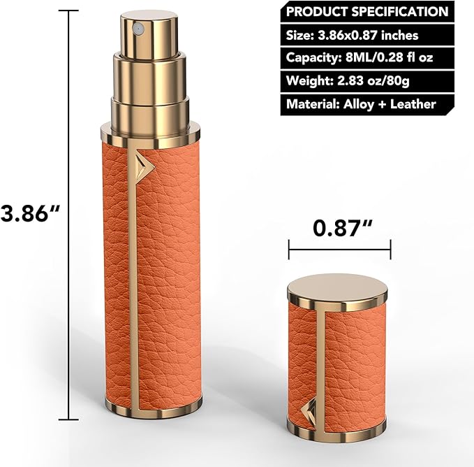 Travel Perfume Refillable Atomizer, 8ML- Mini Genuine Leather Cologne Sprayer, Protable Pocket Size Empty Fragrance Spray Bottle (Orange)