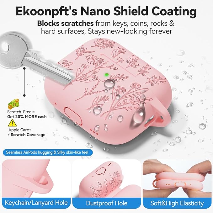 Flower Engraved Case for Apple AirPods Pro 2 Gen with Clean Kit,Soft Silicone Protective Case Cover for AirPods Pro 2nd/1st Generation AirPod Case Carabiner,Front LED Visible,Pink