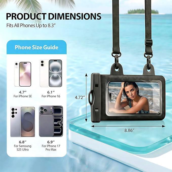 Waterproof Phone Pouch, Large Waterproof Phone Case for iPhone 17 16 15 Pro Max, IPX8 Lightweight Cellphone Dry Bag, Beach Cruise Ship Essentials,1 Pack-Black-Dual-Hook-8.3″