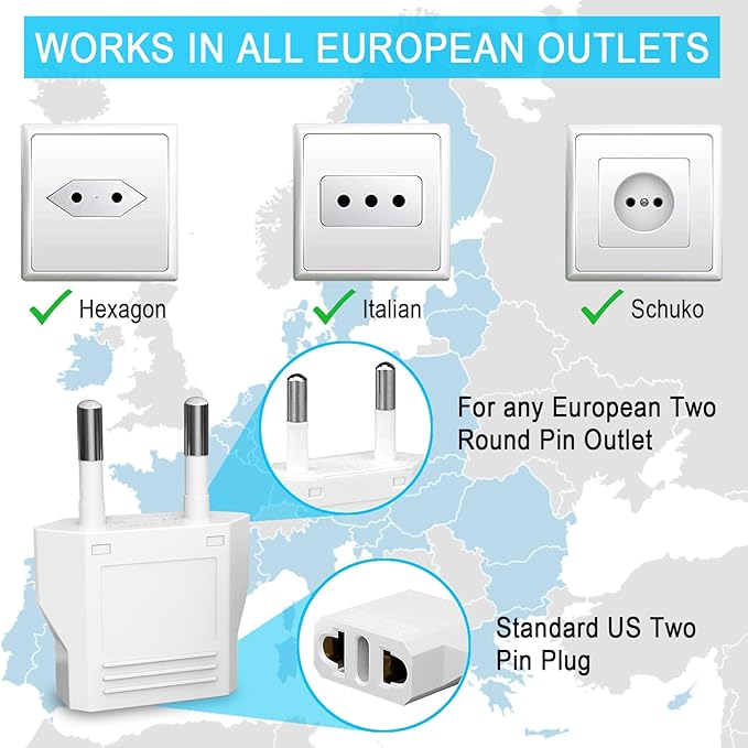 6 Pack European Travel Plug Adapter, US to Europe Plug Adapter, Type C Wall Outlet Converter for Europe, White