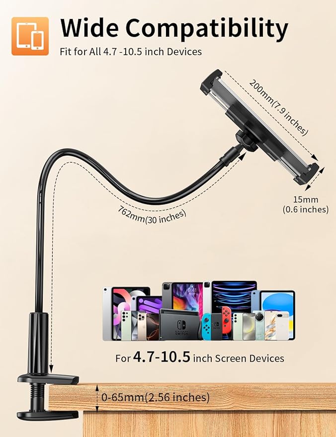 bokilino Gooseneck Tablet Holder Stand for Bed Adjustable Flexible Long Arm Tablets Mount Clamp on Table Compatible with iPad Air Mini | Galaxy Tabs | Kindle Fire | Switch or Other 4.7-12.9" Devices