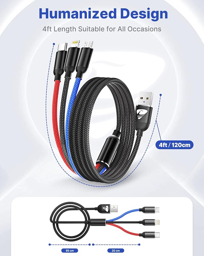Aioneus Multi Charging Cable, Nylon Braided 3 in 1 Charging Cord Multi USB Cable Fast Charging Cord with Type-C, Micro USB and IPh Port, Compatible with Most Phones & iPads