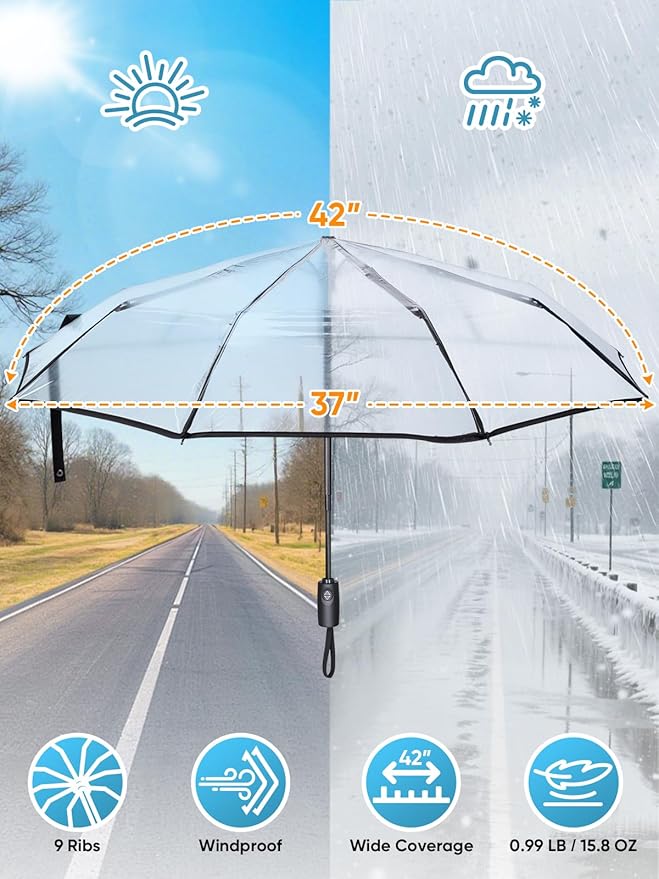 PTEROMY Windproof Travel Umbrellas for Rain and Sun, Withstands 85MPH Winds Auto Open Close Folding Umbrella with Ergonomic Handle, Quick Dry Canopy for Commuting or Backpack