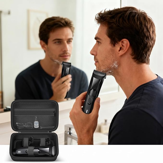 Hard Travel Case for MANSCAPED/for Wahl/for MANSPOT/for SHPAVVER Beard Trimmer for Men, Portable Electric Razor Bag with Handle & Mesh Pocket for Oil, Brush and USB Accessories(Box Only)