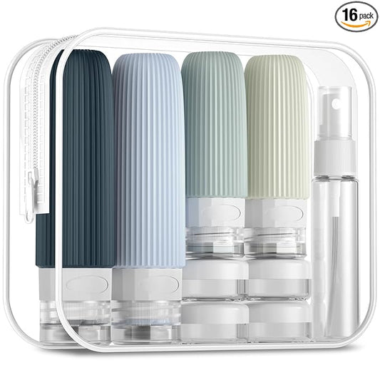 Mrsdry 16 Pack Travel Bottles Set, TSA Approved Leak Proof Silicone Squeezable Containers for Toiletries, Refillable Travel Accessories for Conditioner, Shampoo, Lotion & Body Wash Accessories
