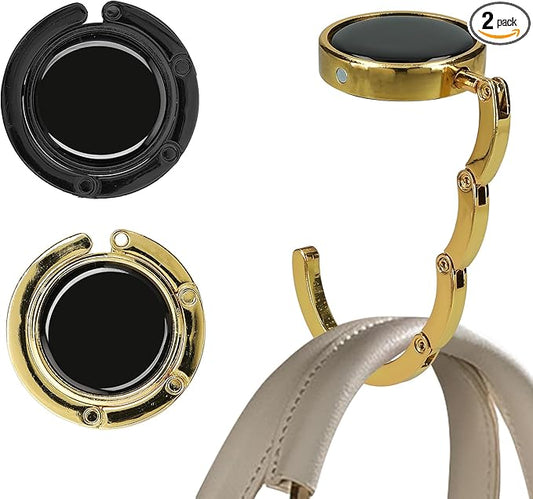 kwmobile Purse Hook for Table - Set of 2 Purse Holder - Folding Handbag Hanger - Portable Bag Holder - Bag Hooks for Desk - Table Hook Black/Gold