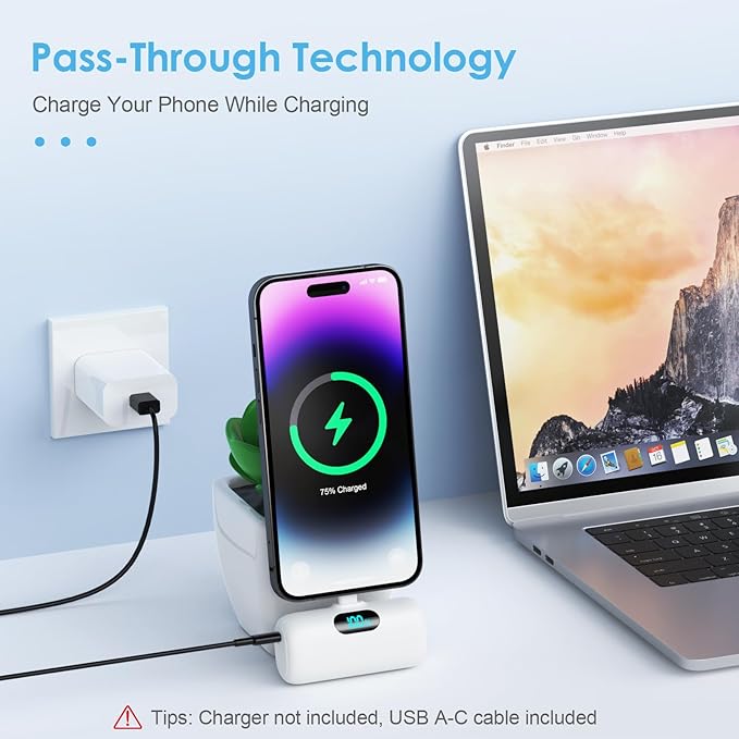 Mini Portable Charger USB C Power Bank,5000mAh PD Fast Charging Battery Pack Built-in USB-C Connector Travel Essential for iPhone17/17Pro/17Pro Max/Air/16 Plus/16Pro Max/15 Series,Android White