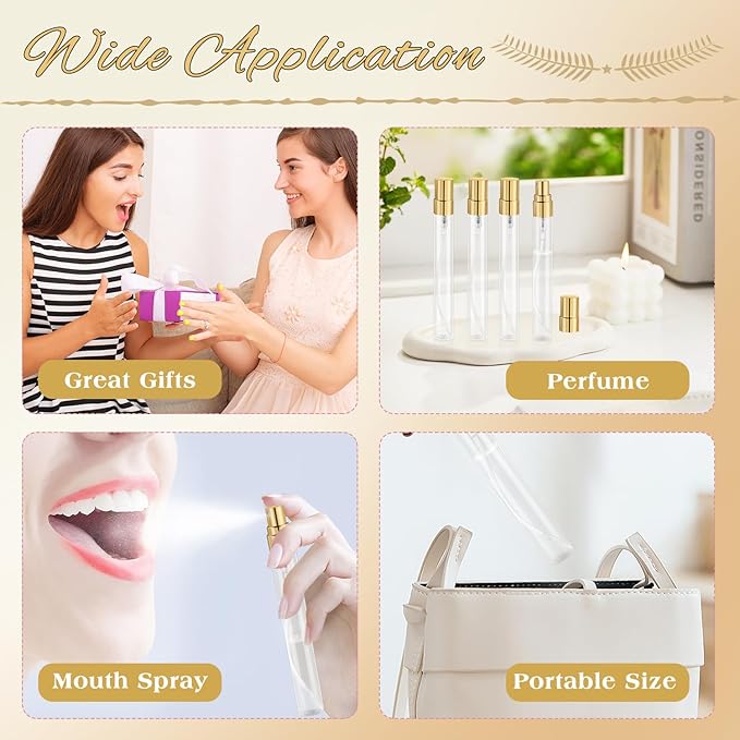30 Pcs 10ml/0.34oz Mini Spray Bottle Glass Fine Mist Perfume Atomizer Empty Sample Containers with Golden Lids for Travel Cleaning Essential Oils