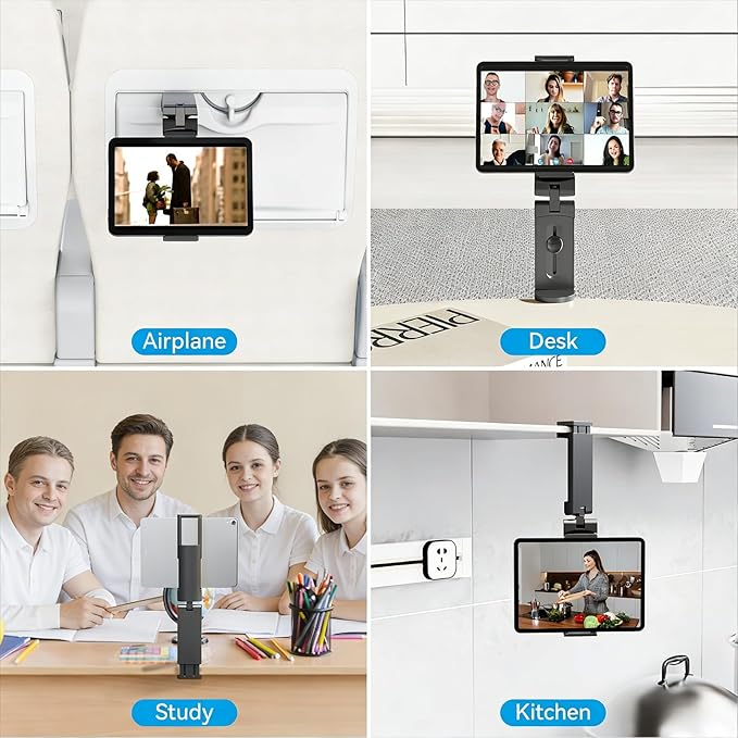 Airplane Tablet Holder Mount, Travel Essential Handsfree Tablet Stand with 360 Degree Rotation, Maximum 7.6” Clamp Opening, Compatible with iPad/Galaxy Tabs (Only Fits 7–11" Tablets)