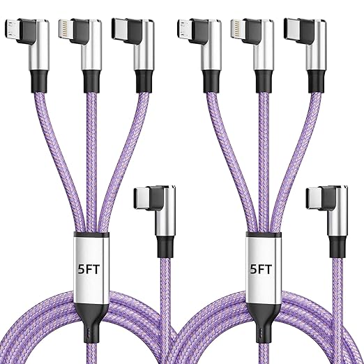 90 Degree 3-in-1 Multi Charging Cable 2Pack 5FT - Right Angle USB C to Type C/IP/Micro USB, Gamer & Travel Essential for iPhone 17-12, Galaxy, Huawei, iPad and More