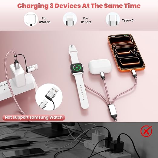 3 in 2 Multi Charging Cable for iWatch Charger/IP/USB C, Travel Cruise Essentials for Car Charger,4FT Nylon Charging Cable USB C/A Phone Charger for iWatch Series/iPhone 17-11/iPad,Home/Office/Car Use