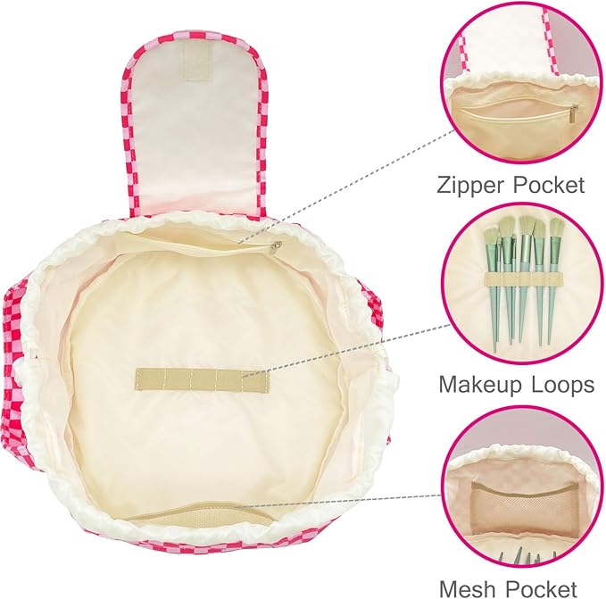 Mrsfox Large Barrel Drawstring Makeup Bag Travel Cosmetic Bag for Women - Portable Make Up Organizer Bag for Skin Care & Toiletries with Brush Holder & Pouch