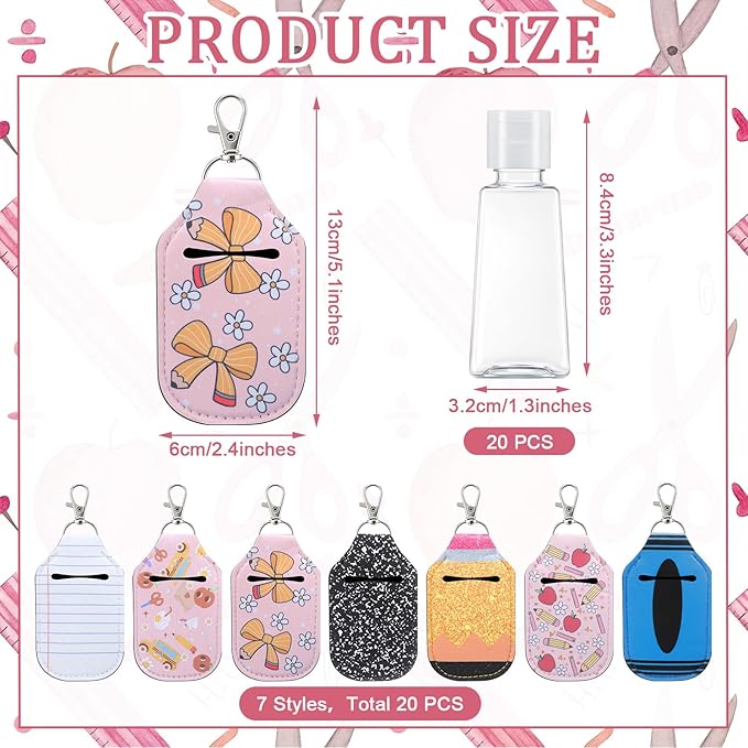 40 Pcs 20 Set Teacher Appreciation Gifts Hand Sanitizer Keychain Holders Set Includes 20 Pieces Empty Bottles 20 Pieces Hand Sanitizer Holder for Teacher Coworker Employees