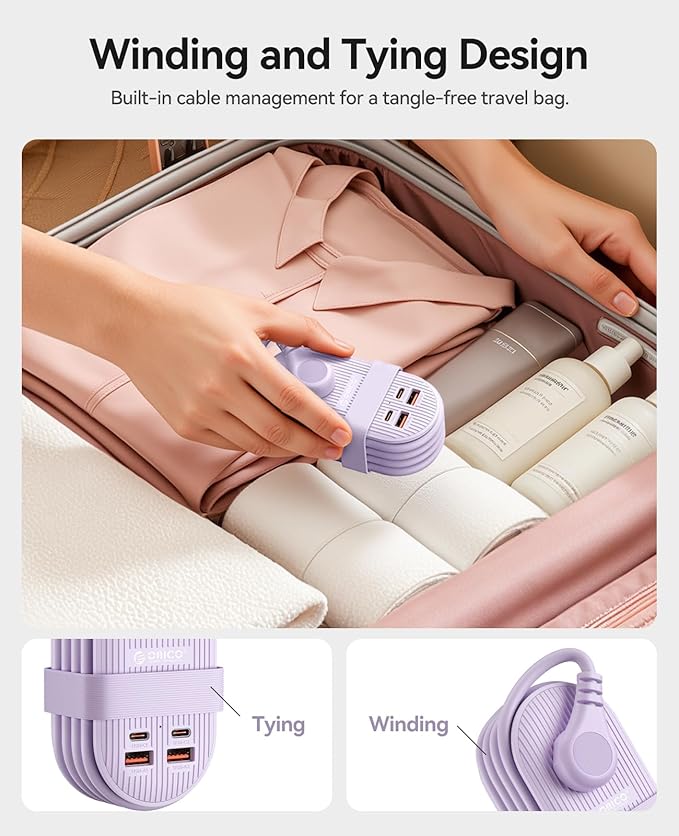 ORICO 45W Power Strip for iPhone 17 and Galaxy S25, 7 in 1 Charging Station with 3AC, 2 USB-A, 2 USB-C, 4ft Thin Extension Cord, Flat Plug Fashion Essential for Cruise Ship/Travel/Home/Dorm- TK45