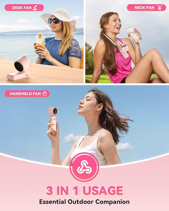 PlayHot Portable Handheld Turbo Fan, 5-Speed Personal Fan, USB-C Rechargeable Fan Up to 12 Hours, 3 IN 1 Hand Fan with Air Turbo Tech Cooling, Travel Fan for Cruise, Beach, Gifts for Women (Pink)