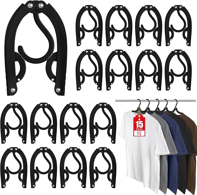 15 Pcs Travel Hangers Portable Foldable Travel Hanger Organizer, Plastic Cruise Ship Accessories Essentials 2026 Clothes Hanging Rack Folding Hangers for Travel Camping Fly RV Europe Suitcase, Black