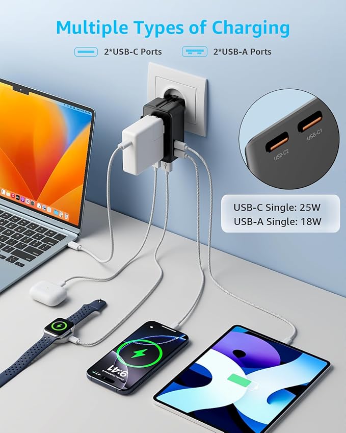 “Air” Universal Travel Adapter, Slim International Travel Plug Adapter with 2 USB-C(PD 25W) ＆ 2 USB-A Ports, All in One Portable Adaptor, for USA, UK, EU, AU ＆ 224+ Countries (Black) US