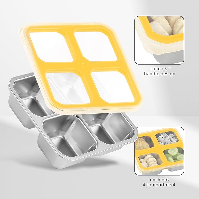 BEFOY 4 Pack Stainless Steel Snack Containers with Lids 4 Compartment Food Storage Containers for Adults & Kids Meal Prep Containers Reusablele (Yellow, 4)