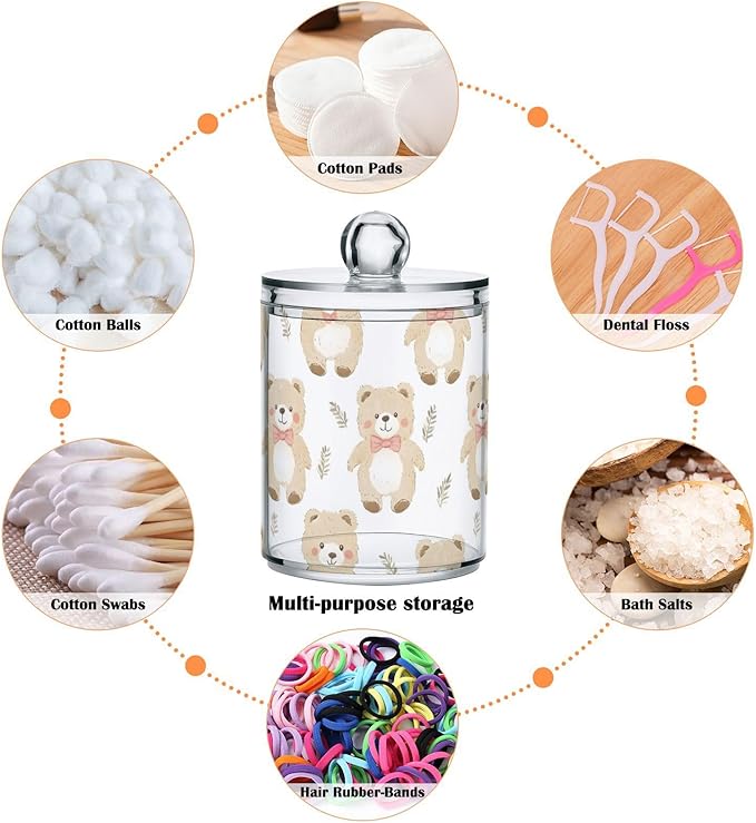 2 Pack Qtip Holder Organizer Dispenser Bears Bathroom Storage Canister Cotton Ball Holder Container for Cotton Pads/Swabs/Floss