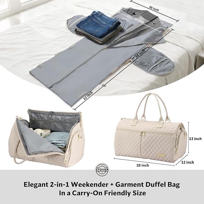 STOVER Women’s Convertible Garment Duffel Bag for Travel – 2-in-1 Carry-On Weekender/Overnight Tote - Wrinkle-Free Dresses, Suits & Clothes + Shoe Compartment & Bonus Toiletry Bag (Cashmere Cream)