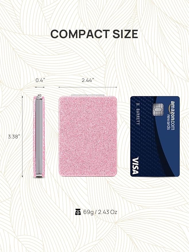 OMIRO Compact Mirror, Glitter PU 1X/3X Magnification, Ultra Portable for Purses (Pink)